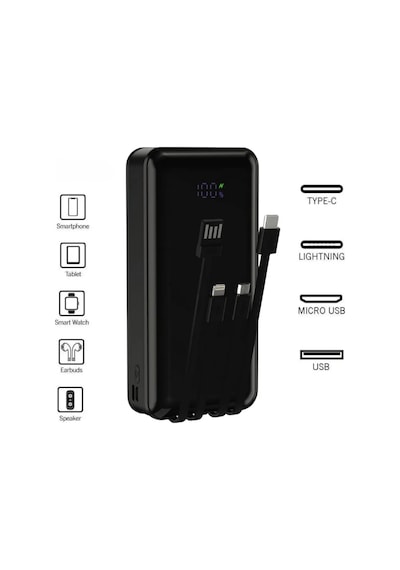 20.000 Mah Çoklu Kablolu Dijital Gösterge Powerbank Şarj Aleti 1x Usb Çıkışlı Powebank 20.000 Mah