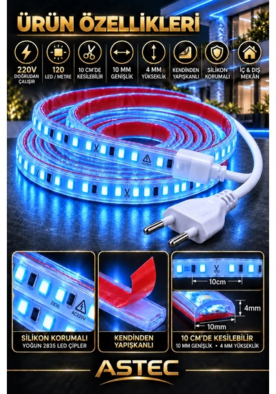 Astec Yapışkanlı 100 Metre Mavi 220v Silikonlu Şerit Led Yüksek Güç Tak Çalıştır İç Dış Mekân Su Geçirmez