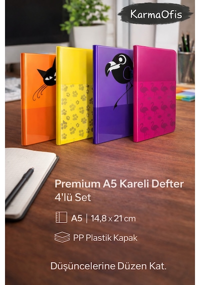 Premium A5 Kareli Defter 4 Lü Set Pp Plastik Kapak, Dayanıklı Ve Şık Tasarım