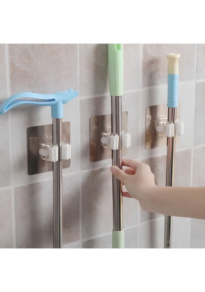 3 Adet Mutfak Banyo Askı Yapışkanlı Duvara Monte Fırça Süpürge Mop Ve Paspas Tutucu Gold Gri Diğer