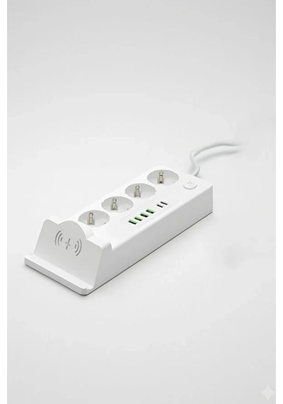 Akım Korumalı Priz Ve Masaüstü Şarj İstasyonu Kablosuz 4 Priz ,4 Usb, 2 Type-c Girişli 2 Metre 0