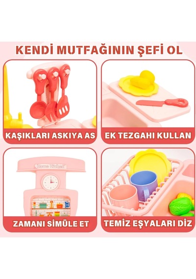 Oyuncak Gerçek Su Akan Mutfak Lavabo Seti 28 Parça Aksesuarlı Pilli Su Devir Daimli Mavi Pembe