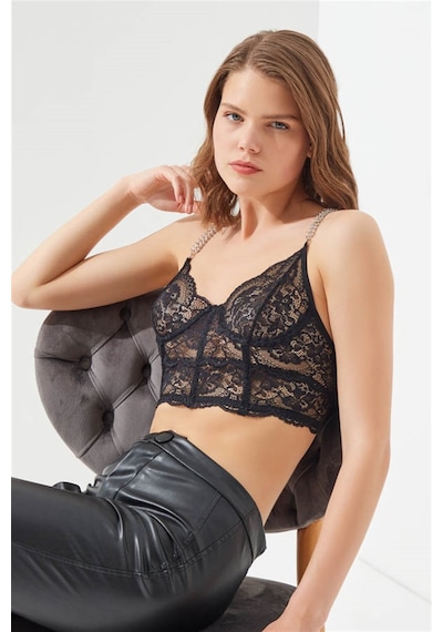 Cottonhill Siyah Dantelli Zincir Detay Ayarlanabilir Askılı Büstiyer Bralet Siyah