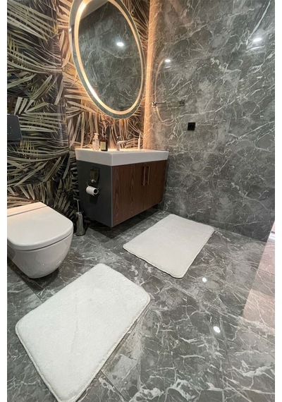 2'li Yıkanabilir Kaymaz Taban Post Beyaz Banyo Halısı Peluş Halı Klozet Takımı Beyaz