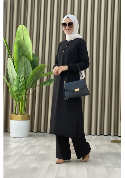 Mismoly Tesettür İkili Takım Uzun Tunik Bol Paça Pantolon 4006-siyah Siyah