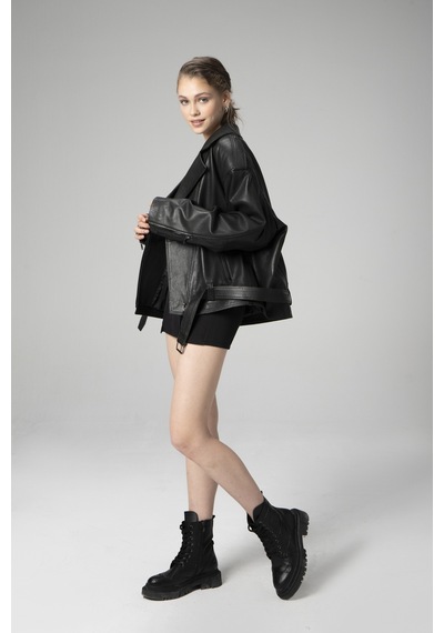 Siyah Dericlub Wm031 Jumbo Oversize Biker Gerçek Deri Unisex Mont