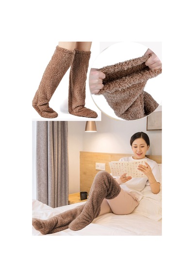 Leiste Sock Peluş Uyku Çorabı Welsoft Diz Üstü Oda Çorabı Ayak Isıtıcı Uzun Gonç Çorap Kahve