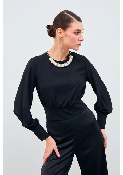 Sateen Kolye Detaylı Crop Bluz - Siyah