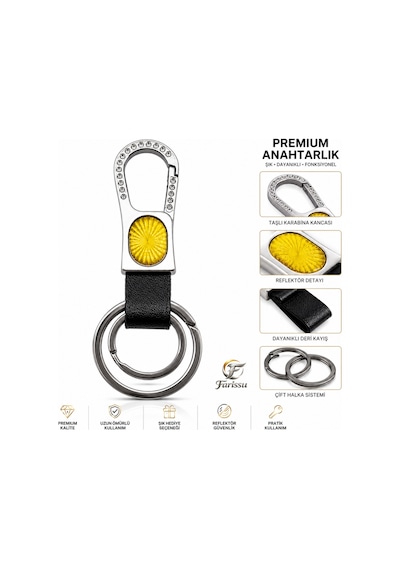 Premium Taşlı Karabina Kancalı Deri Anahtarlık - Sarı Reflektörlü & Çift Halkalı Gri