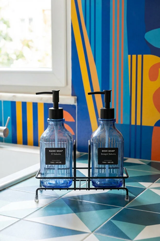 Modern Çizgili - Kabartmalı Cam İkili Sıvı Sabunluk & Deterjanlık Seti - 500ml Standlı Mutfak Ve Banyo Organizeri Mavi