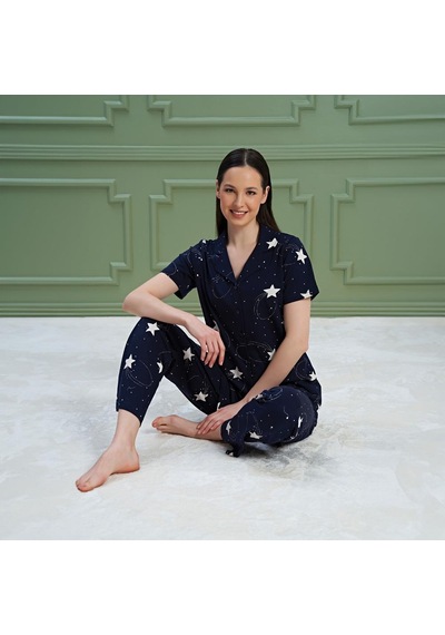 Over Sleep By Poleren Over Sleep 1171 Kadın Kısa Kol Önden Düğme Pijama Takım Lacivert