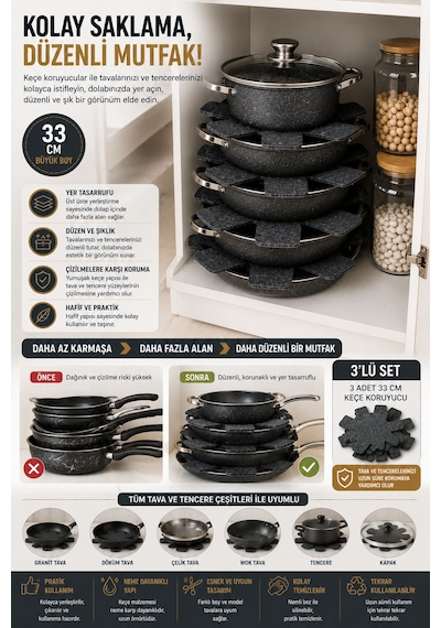 3'lü Antrasit Tava Çizdirmez Keçe Koruyucu 33 Cm Tava Tencere Ayırıcı Çizik Önleyici Organizer Set