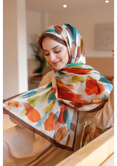 Mimiyum Nayf İpek Şal Pastel Desen - Kahverengi