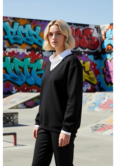 Benerly Kadın Polo Yaka Standart Kol Düz Desen Sweatshirt Fonksiyonel Day siyah