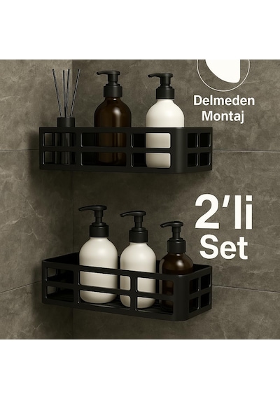 Yapışkanlı Duş Rafı 2 Adet Paslanmaz Banyo Şampuanlık Organizer Delmeden Montaj Geniş Kap Diğer