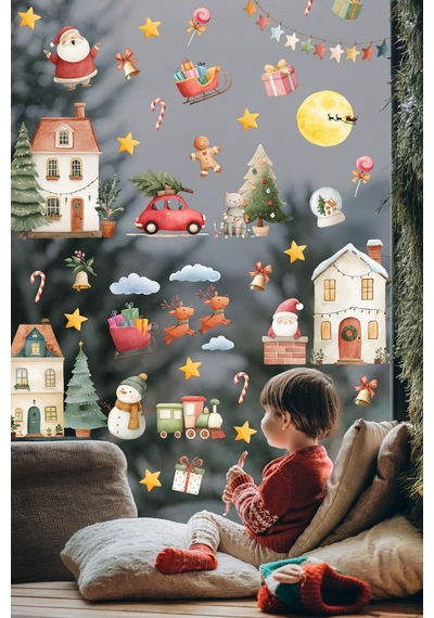 Yılbaşı Cam Sticker Seti 35+ Parça Büyük Boy Noel Pencere Süsleri Çıkart & Yapıştır Çocuk Odası Salon Vitrin Dijital Baskı