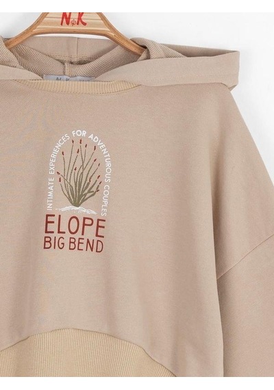 Kız Çocuk Pamuklu Orta Kalınlık Kapüşonlu Crop Sweatshirt-14707 Vizon