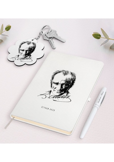 Kişiye Özel Atatürk Temalı Beyaz Defter Kalem ve Anahtarlık N11.2017 Beyaz
