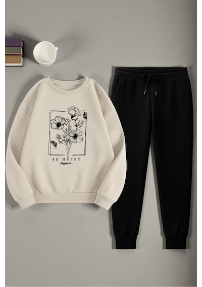 Uyguntarz Unisex Kurdele Tasarım Baskılı Bisiklet Yaka Sweatshirt 2'li Eşofman Takımı Bej