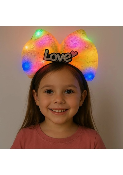 Mey İthalat Led Işıklı Love Yazılı Sarı Fiyonk Taç Kız Çocuk Parti Tacı