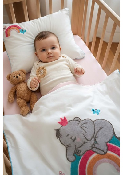 Lucky Pembe Punch Nakışlı %100 Pamuklu Bebek Nevresim Takımı Çok Renkli