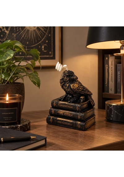 Gotik Kuzgun Tasarım Mum - Kitap Kurukafa Kaideli Siyah Gold Halloween Obje Altın - Siyah