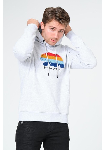 Süzene Nakış Ayı Baskılı Kapüşonlu Gri Sweatshirt Polarlı Çok Renkli