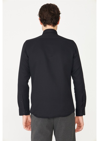 Siyah Düğmeli Yaka Uzun Kollu Gömlek Slim Fit SİYAH