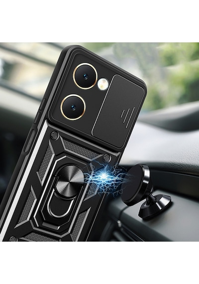 Techaks Vivo Y18 Kılıf Magnetik Standlı Kamera Korumalı Zore Sürgülü Vega Kapak - Mavi Mavi