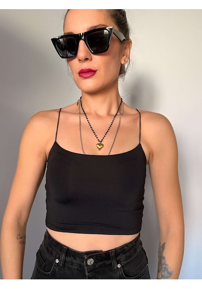 Ali Butik Siyah İp Askılı Crop Atlet Siyah