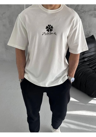 Erkek Kısa Kol Tişört Bisiklet Yaka Yonca Baskılı Oversize T-shirt - Beyaz