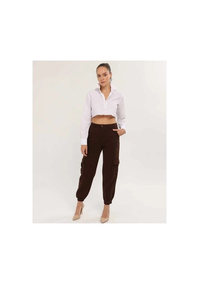 Kene Jeans Paça Lastik Kargo Cep Keten Mom Pantolon Kahverengi