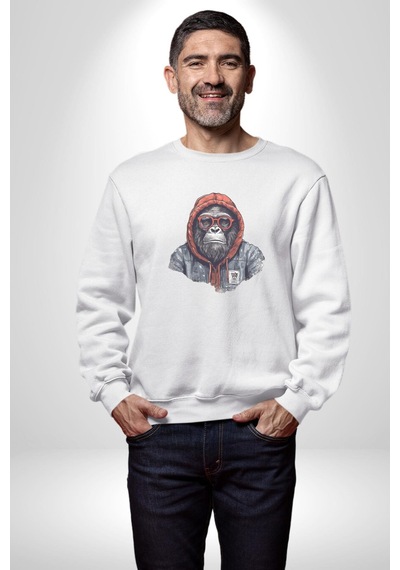 Kırmızı Gözlük Çeket Maymun Unisex Beyaz Baskılı Sweatshirt Beyaz