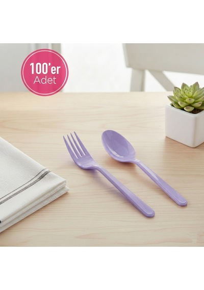 100 'er Adet Lila Plastik Lüx Çatal Ve Kaşık Seti