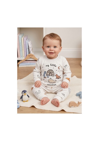 Deniva Kids Bebek Krem Kutuplar Temalı My Little Universe Baskılı %100 Pamuk 2'li Alt Üst Takım