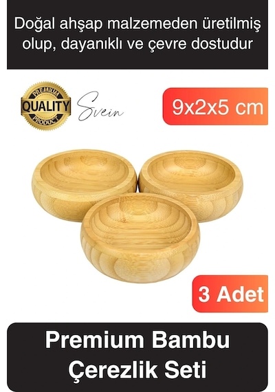 Premium 3'lü Doğal Bambu Çerezlik Seti Ahşap Dekoratif Sade Kase Yuvarlak Atıştırmalık Kabı Sosluk çok renkli