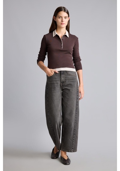 Defacto Slim Fit Kontrast Polo Yaka Ribana Uzun Kollu Basic Tişört I2637ax26aubn340 Kahve-bn340