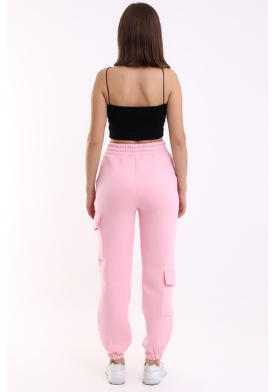 Winmoda34 Kadın Jogger Kalın 3 İplik Yandan Cepli Kargo Eşofman Altı Pembe