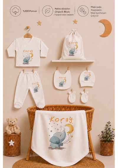 Pia Baby Kişiye Özel %100 Pamuk Erkek Bebek Hastane Çıkışı Zıbın Seti 8 Parça Kese Hediyeli 2068zybk3x Ekru