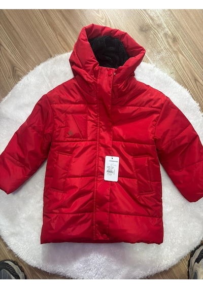 Cg Kids Kırmızı Yandan Cepli Fermuar Çıtçıt İçi Kürklü Şapkalı Unisex Mont Kırmızı