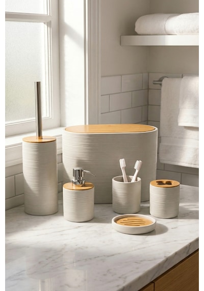Makri Home 6 Parça Krem Banyo Seti, Bambu Detaylı, 8l Çöp Kovası 24x26x16 Cm