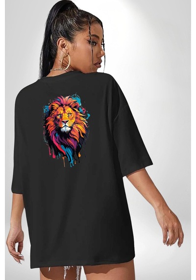 Renkli Yağlı Boya Aslan Siyah Oversize Unisex Ön Ve Sırt Baskılı Tişört Siyah