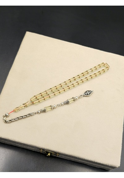 Özel Tasarım Alpaka Püsküllü Ateş Kehribar Bilek Boy Tespih 4,5x7 Mm Açık Sarı Gümüş