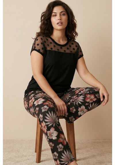 Siyah İnci Leopar Desenli Tül Detaylı Büyük Beden Battal Boy Viskon Örme Pijama Takım Siyah Yaprak Siyah İnci Leopar Desenli Tül Detaylı Büyük Beden Battal Boy Viskon Örme Pijama Takım Siyah Yaprak