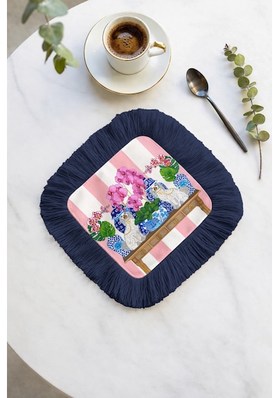 Chinoiserie Stil Saçaklı Sunum Dekorasyon Mendili-pastoral Glam Eklektik Lacivert Kahve Yanı Peçete Çok Renkli