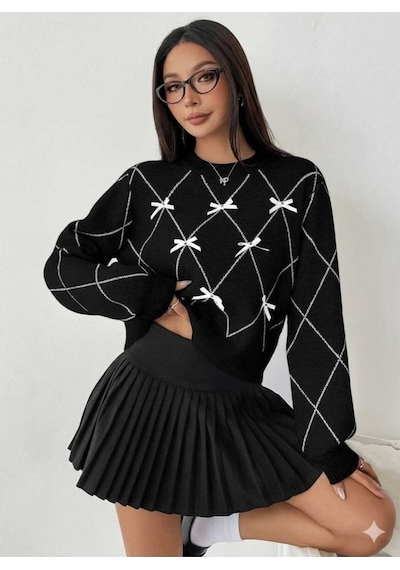 Sayzen Your Shine Baklava Desenli Kurdele/fiyonk Detayli Triko Kazak Sy-001kzk-gri Siyah