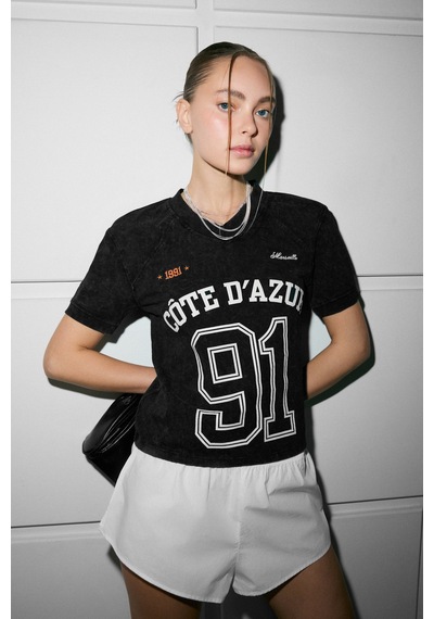 Grımelange Rugba Kadın %100 Pamuk Yıkamalı Vatkalı Baskı Detaylı Regular Fit Siyah T-shirt Siyah
