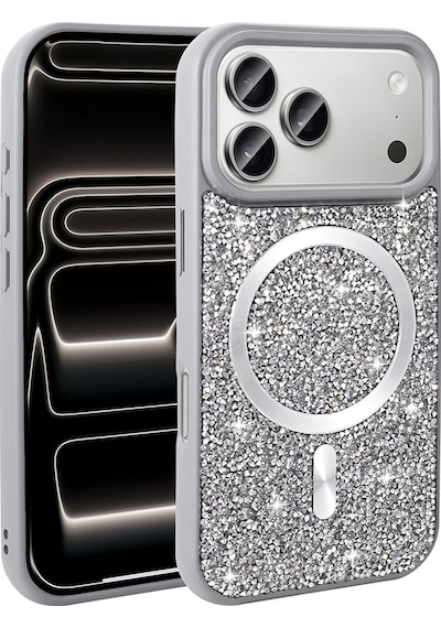 Apple Uyumlu iPhone 17 Pro Max Kılıf Pırlanta Tasarımlı M-safe Şarj Özellikli Mozaik Silikon Kılıf Titanyum-gri