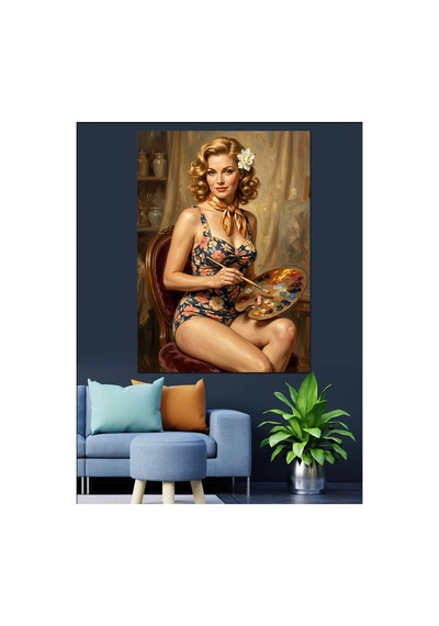 Resim Yapan Retro Mayolu Kadın Yağlı Boya Dokulu Kanvas Tablo Canvas Tablosu