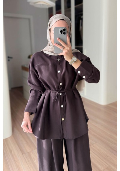Ka Hijab Bağcıklı Bluz Pantolon Takım - Kahverengi